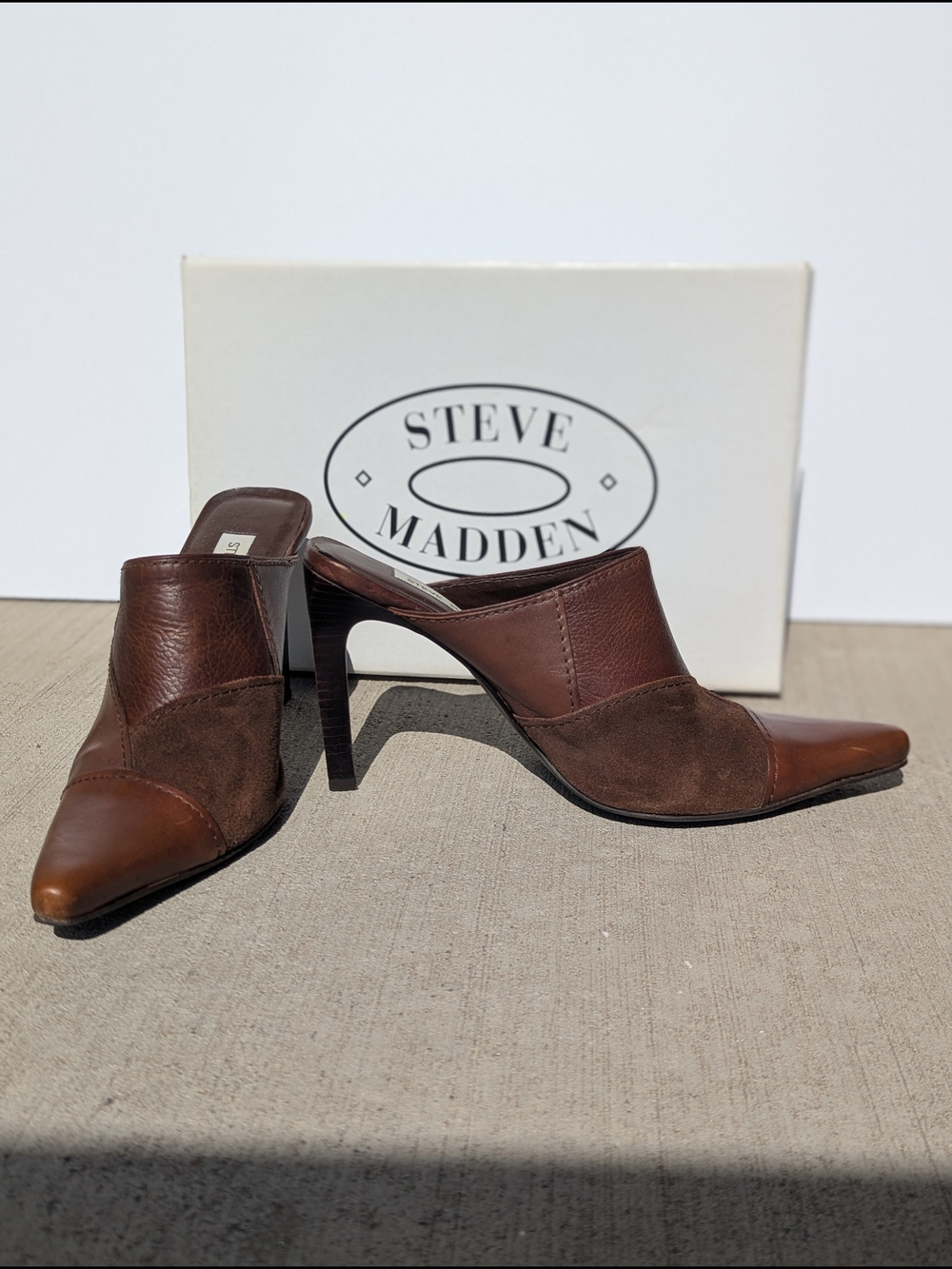 Steve Madden "Tributte" Brown Leather & Suede Pointed-Toe Mule Heels